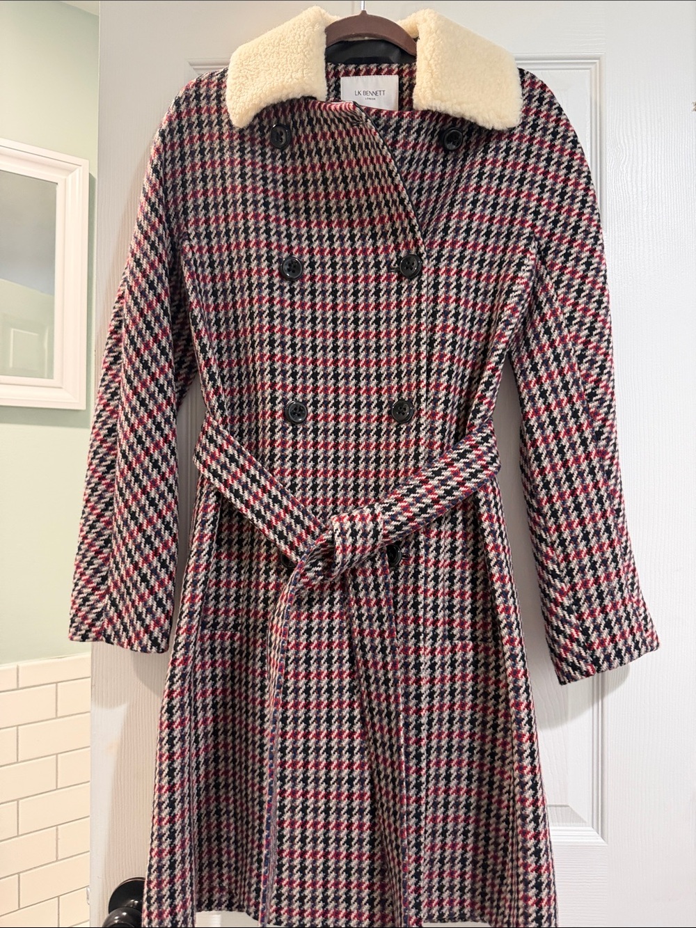 LK Bennett-London , Mali Coat Red and Black Wool with Cream Collar - Picture 4 of 16